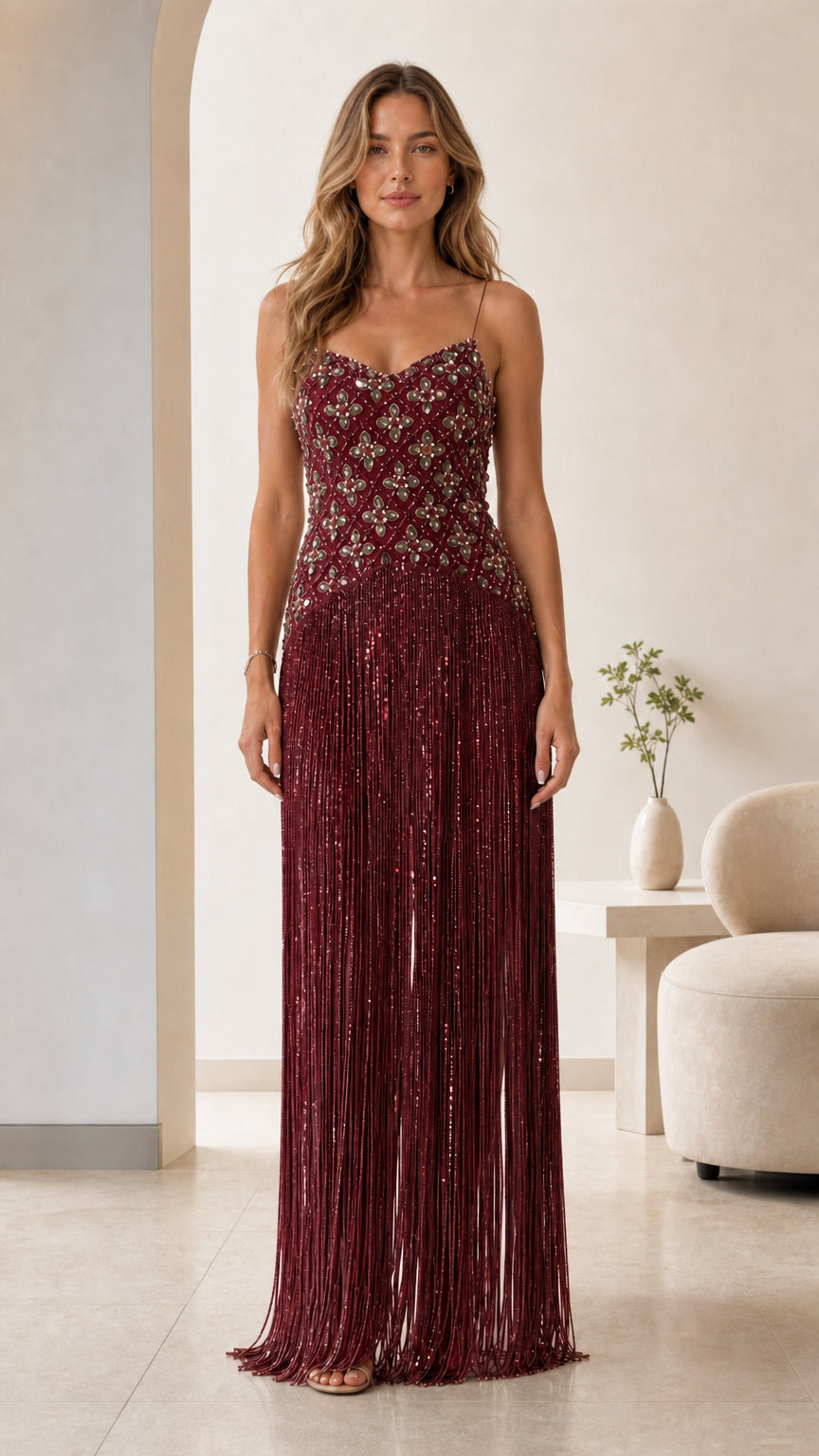 Burgundy wine red embellished sweetheart neckline fringe evening dress