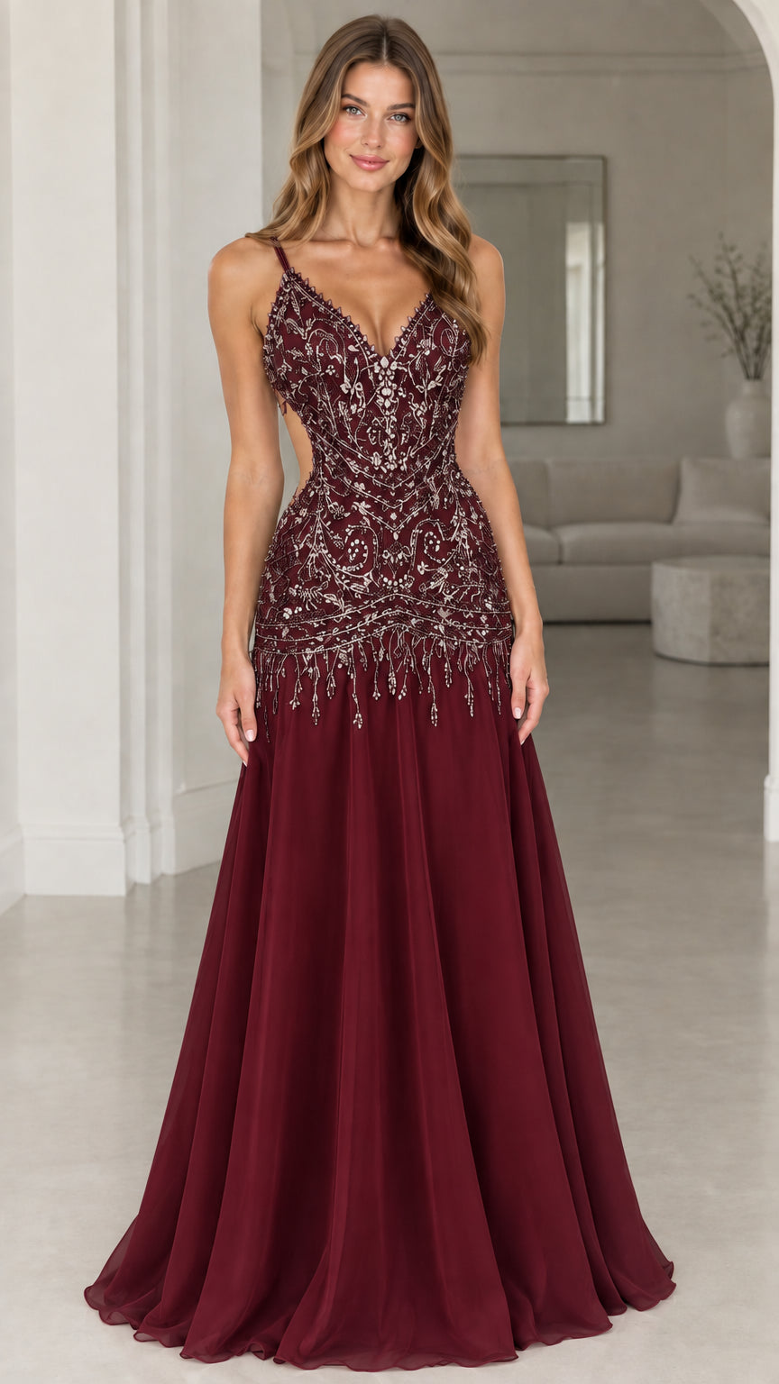 Front view of burgundy wine beaded cutout evening gown