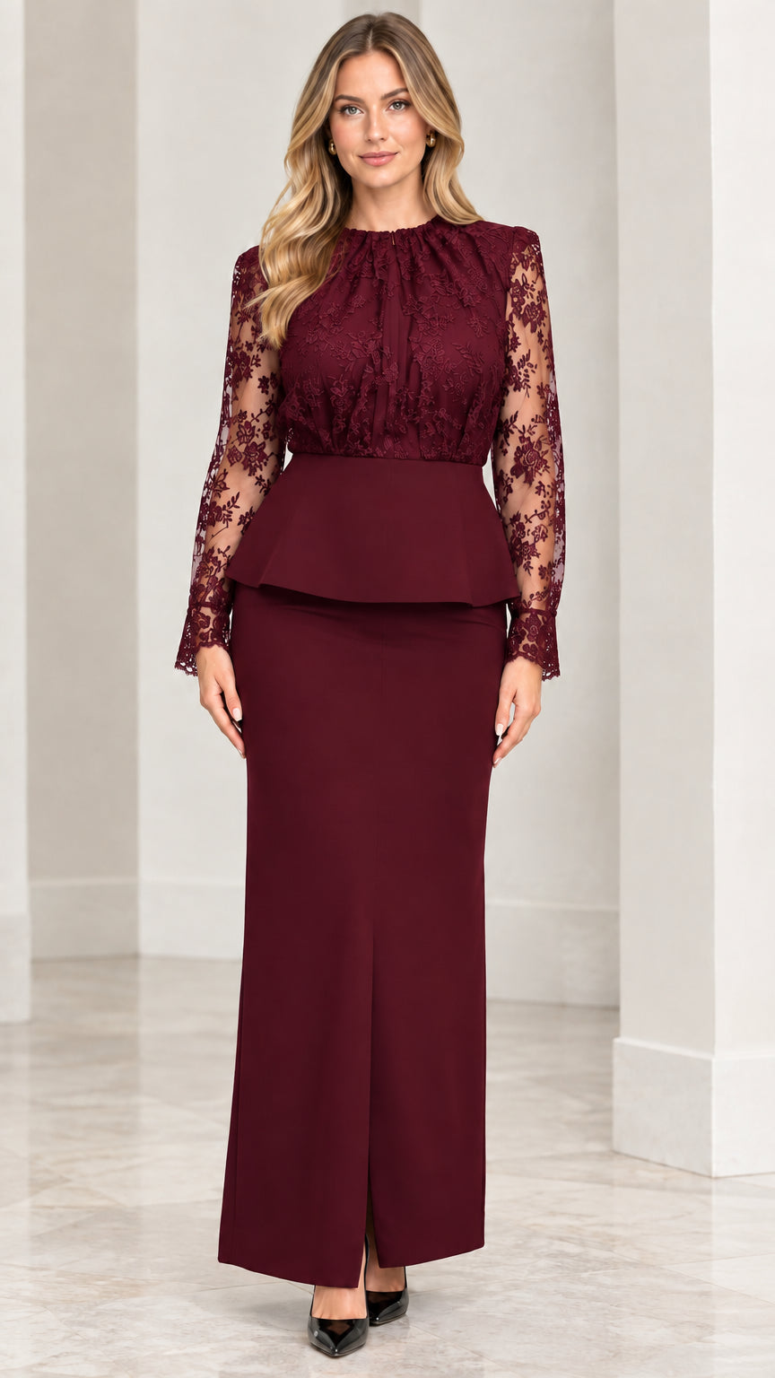 Model wearing burgundy wine red lace peplum top and column maxi skirt set