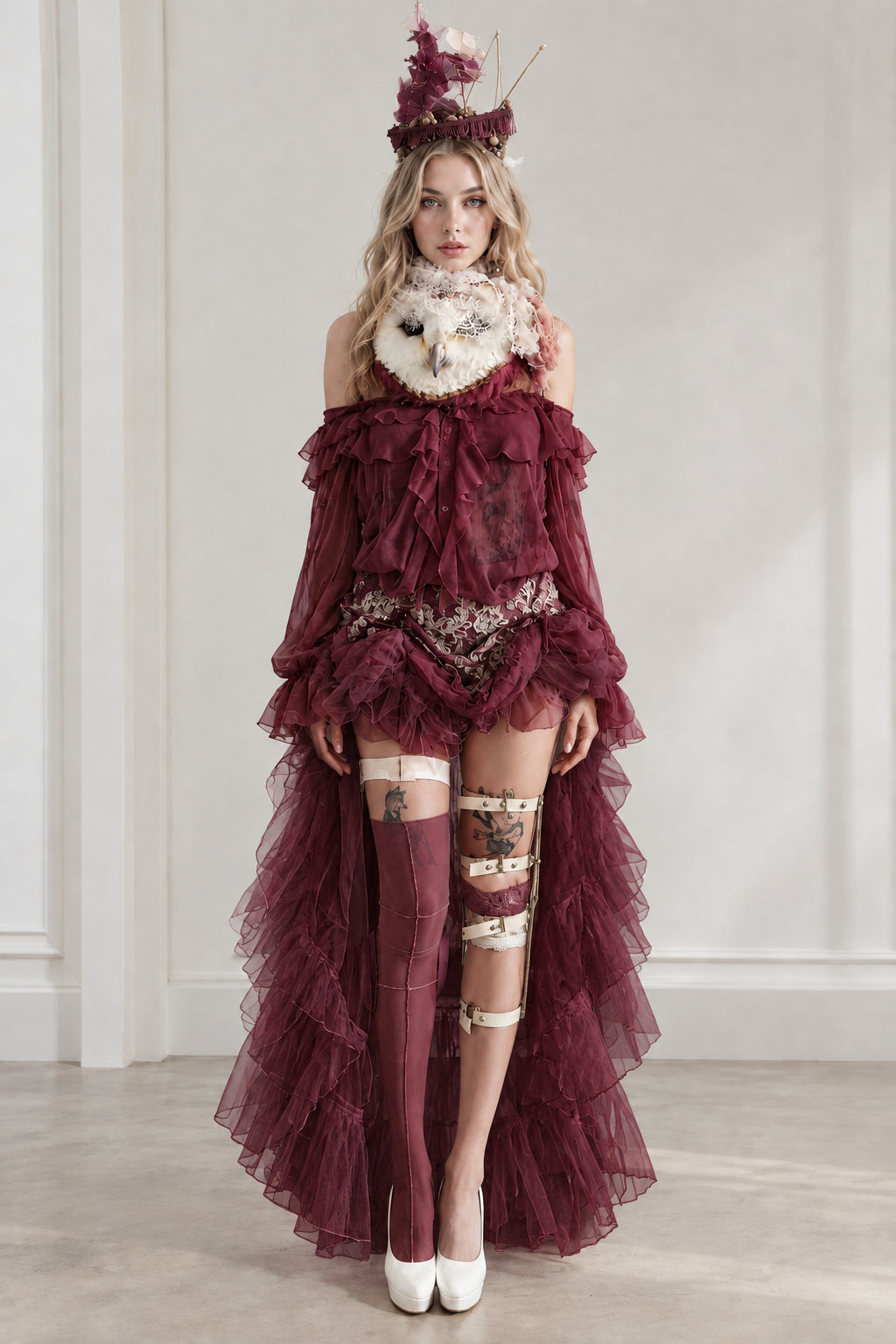 Model wearing burgundy wine red fantasy high-low ruffle costume set