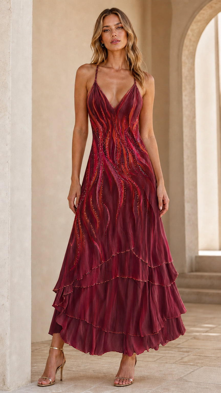 Woman wearing Wine Red abstract print sleeveless tiered maxi dress