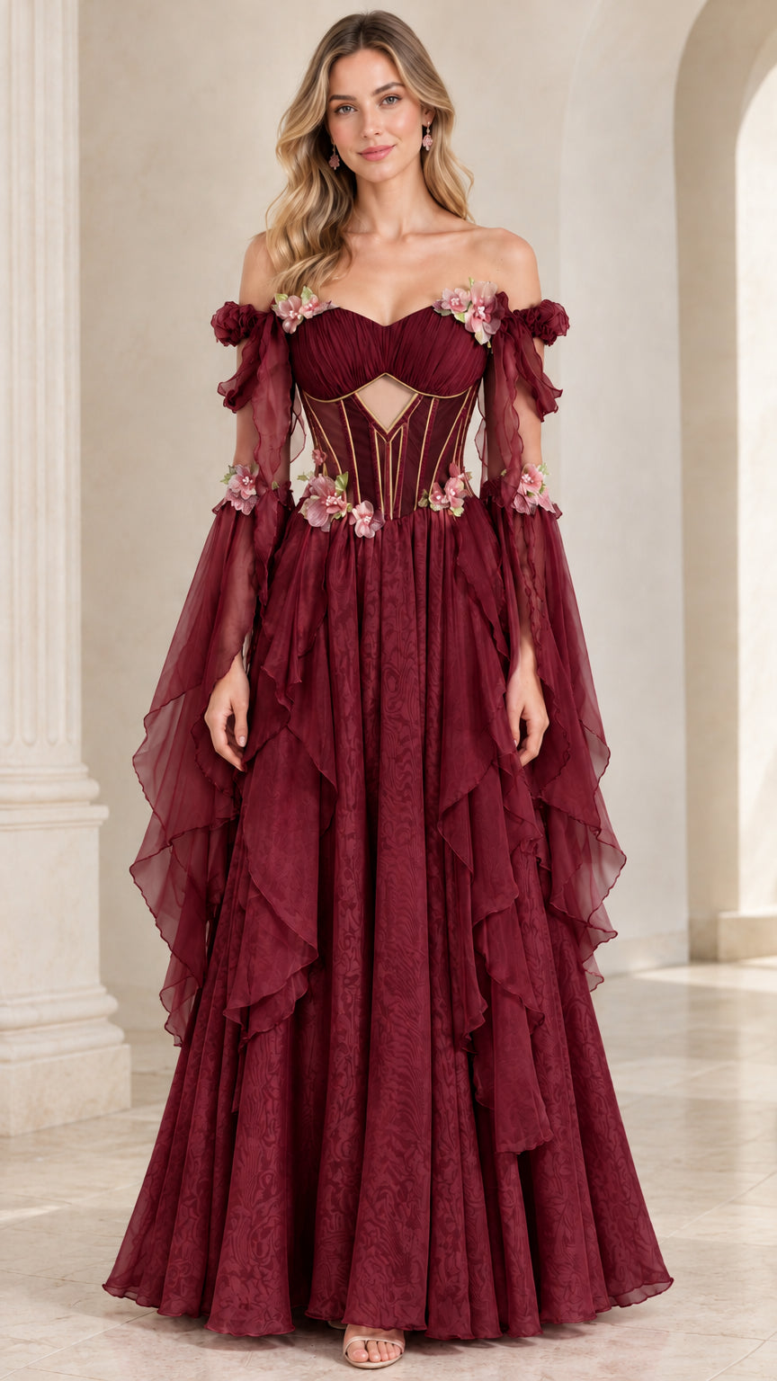 Front view of burgundy red off-the-shoulder corset evening gown with tiered ruffles