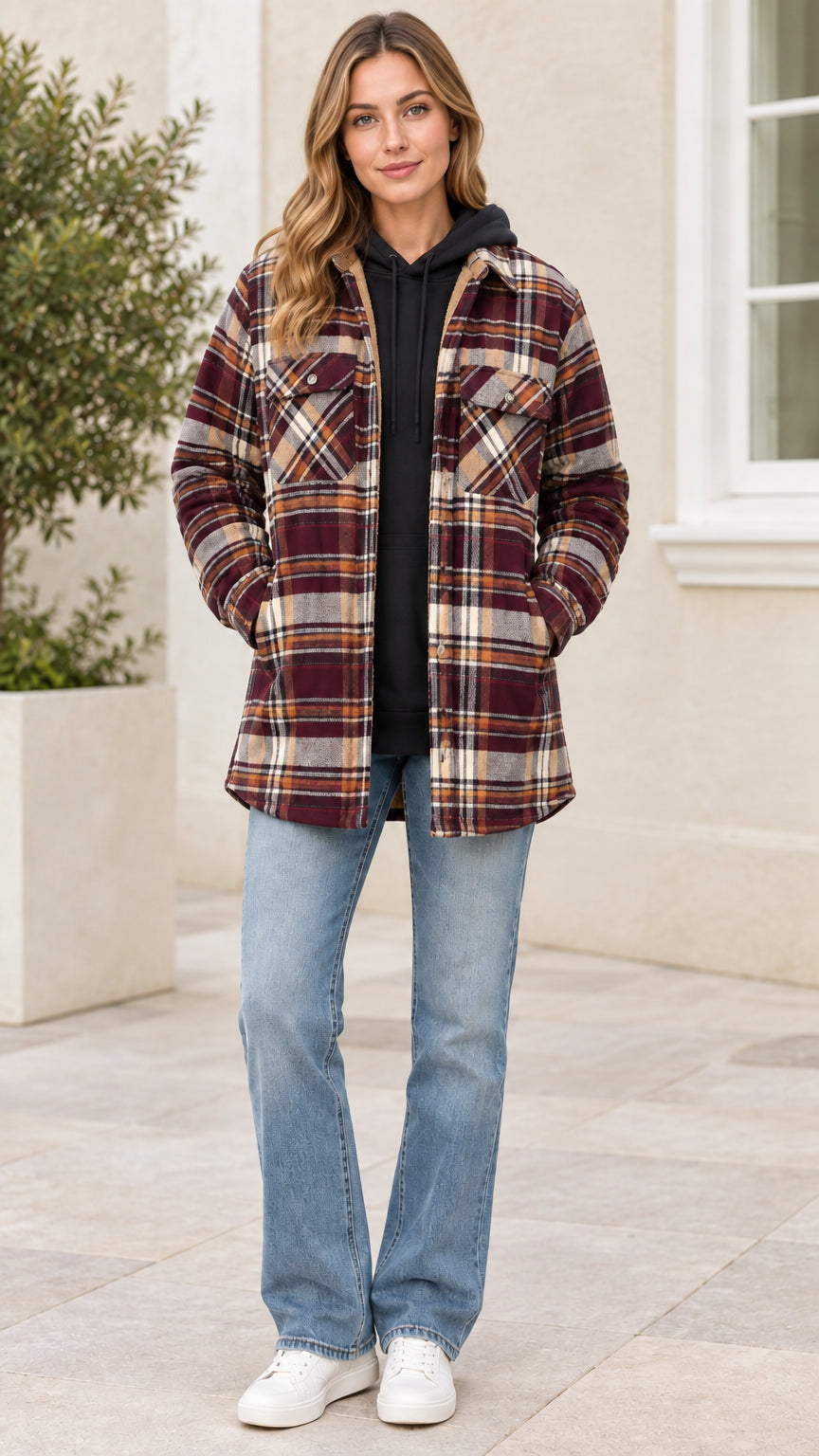 Front view of model wearing Burgundy plaid fleece-lined hooded shacket