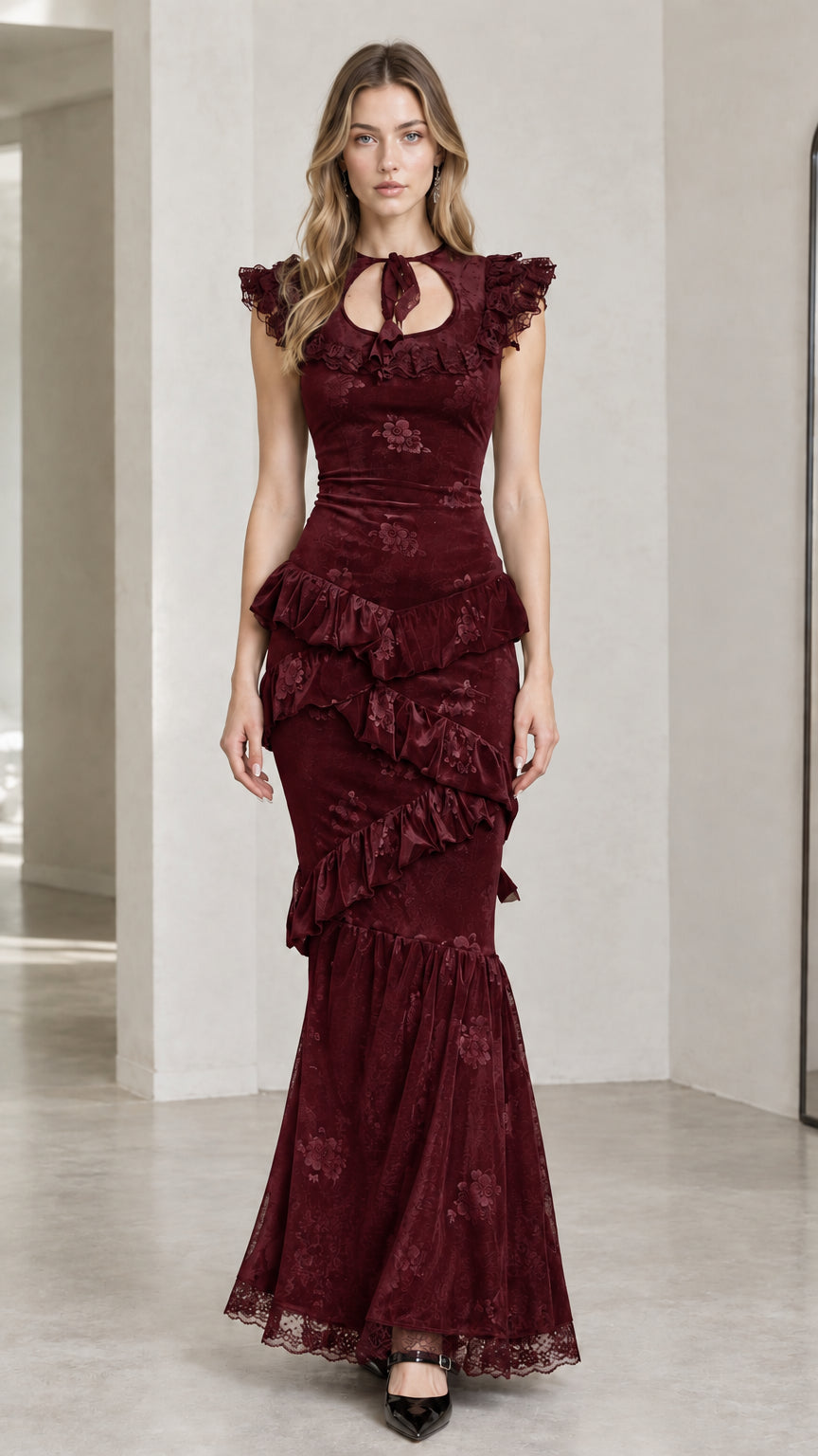 Front full-length view of model wearing burgundy wine red floral jacquard tiered mermaid dress