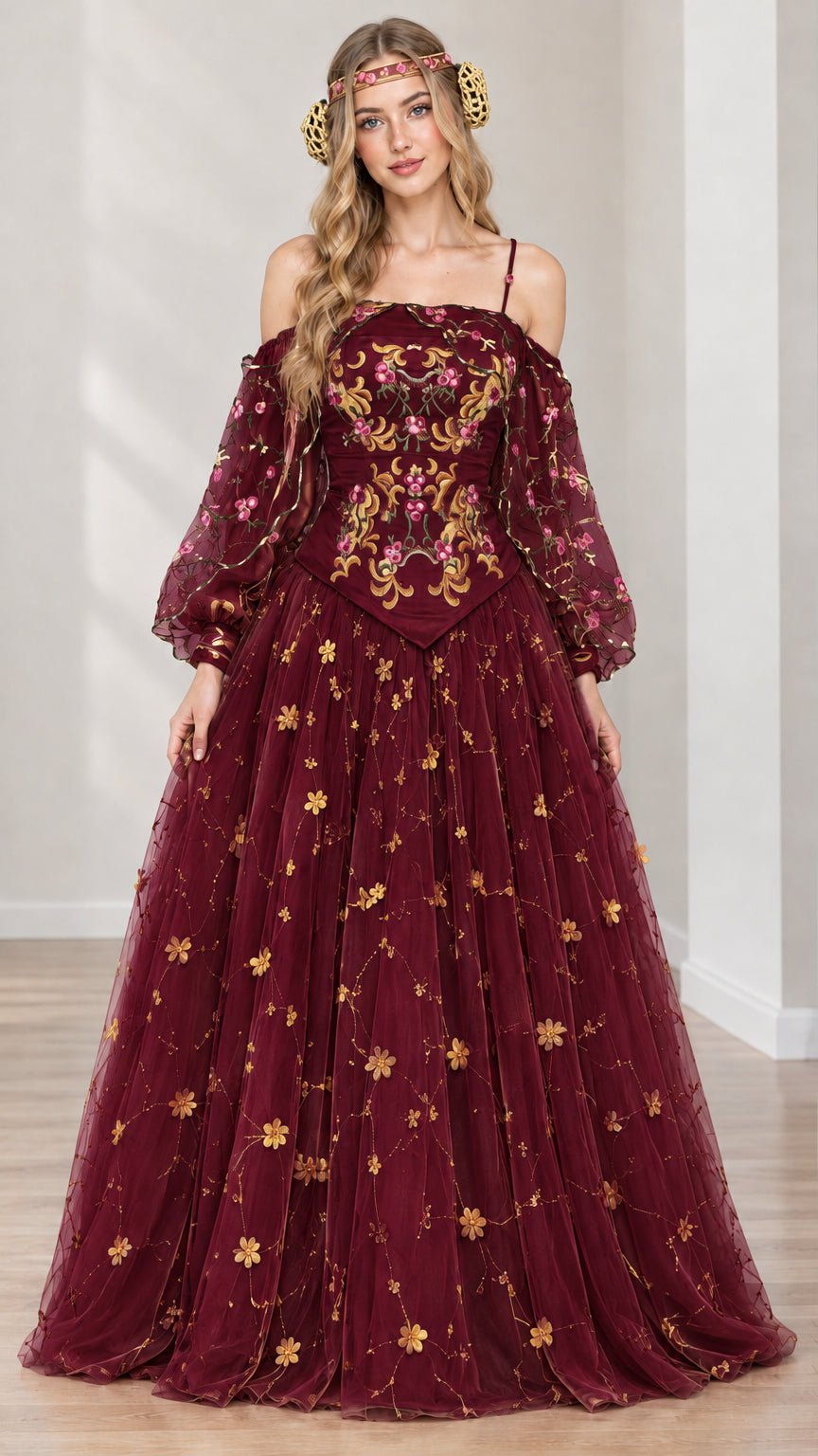 Full-length burgundy wine red Renaissance ballgown with intricate embroidered bodice