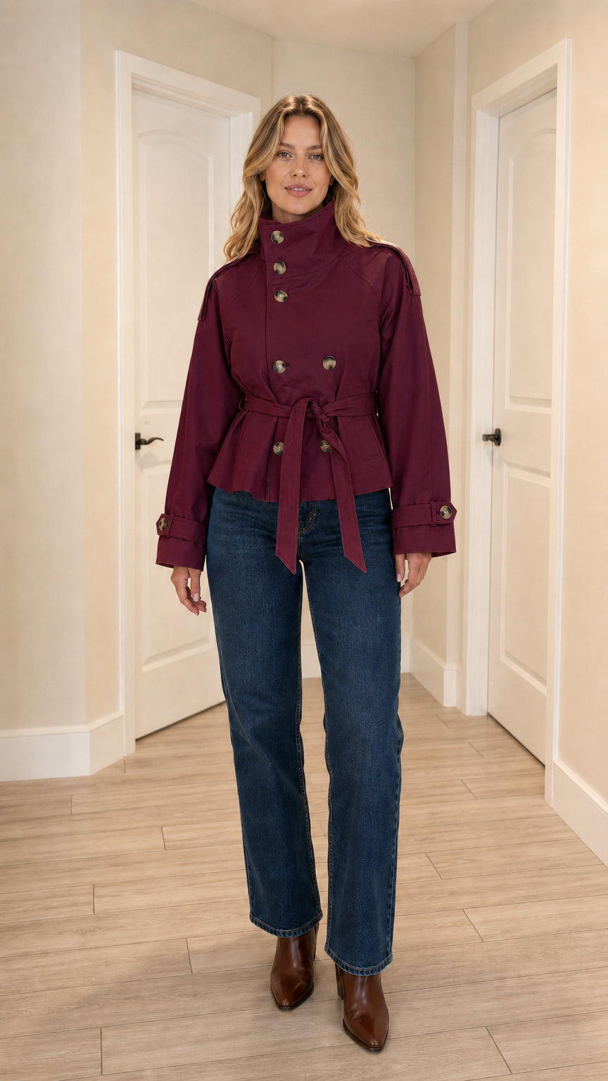 Burgundy wine red cropped high neck belted trench jacket on model