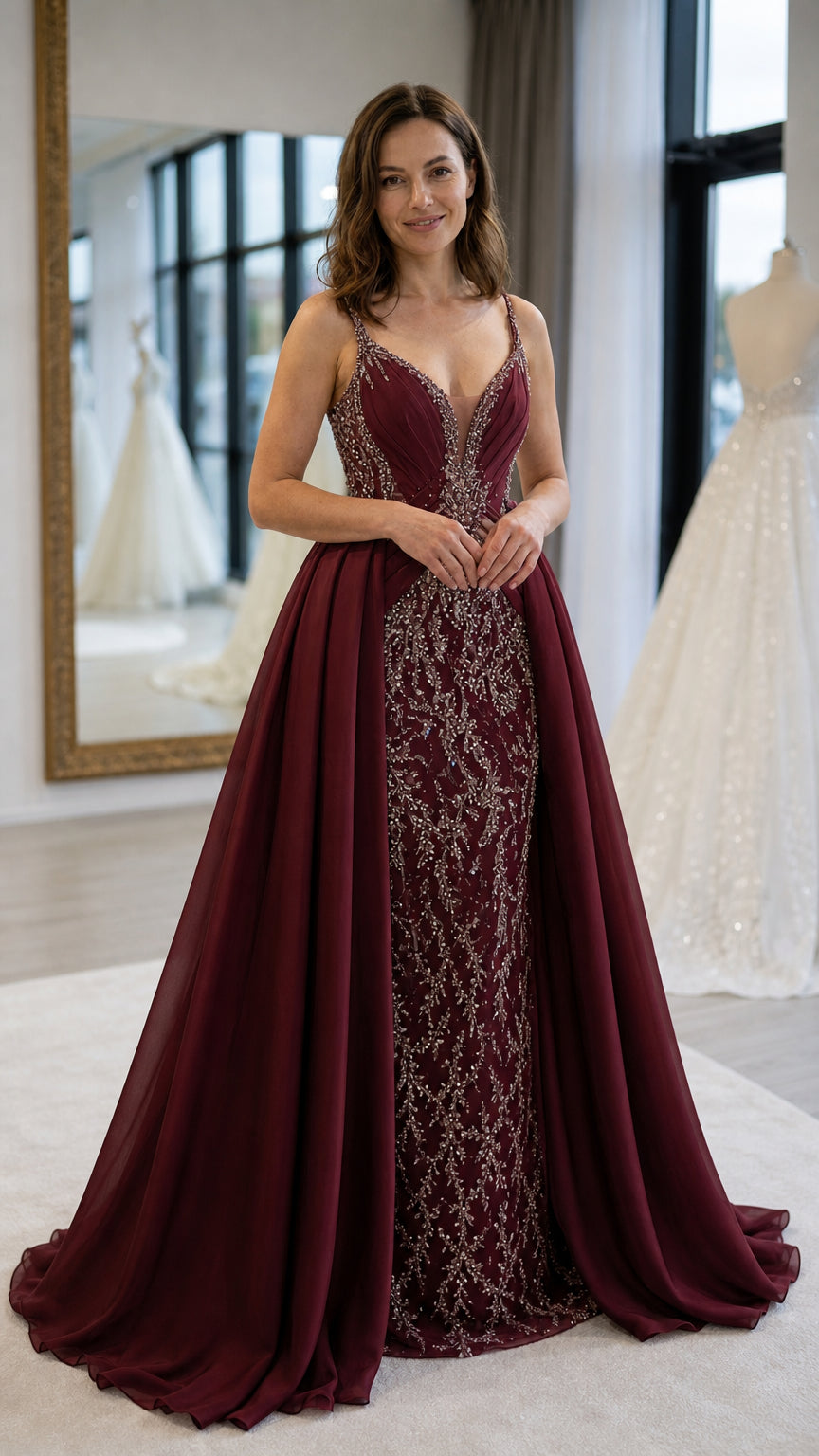 Burgundy wine red embellished plunging evening gown with attached overskirt