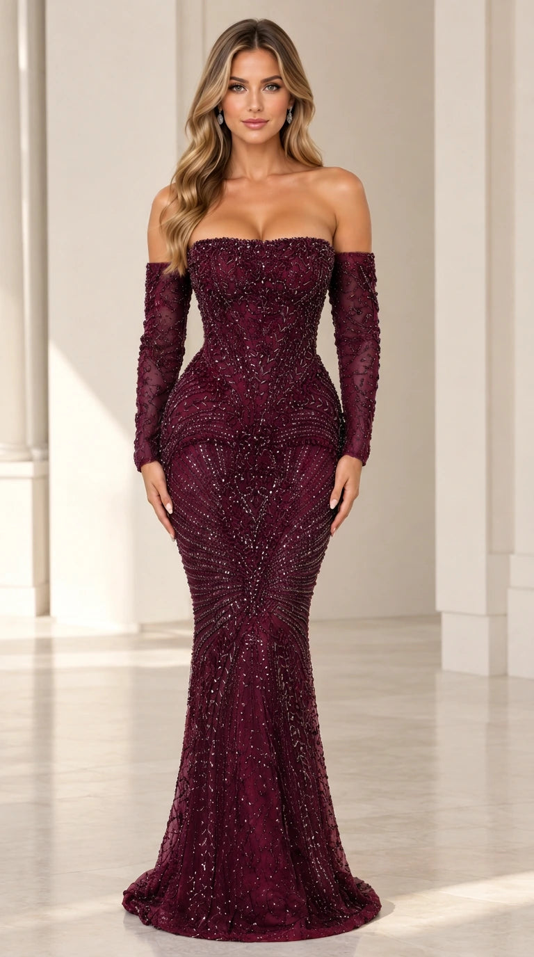 Burgundy off-the-shoulder sequin embellished mermaid gown