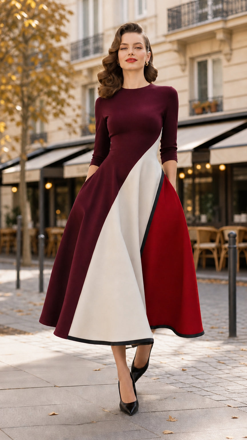 Woman wearing Burgundy colorblock A-line swing dress with cream and red panels