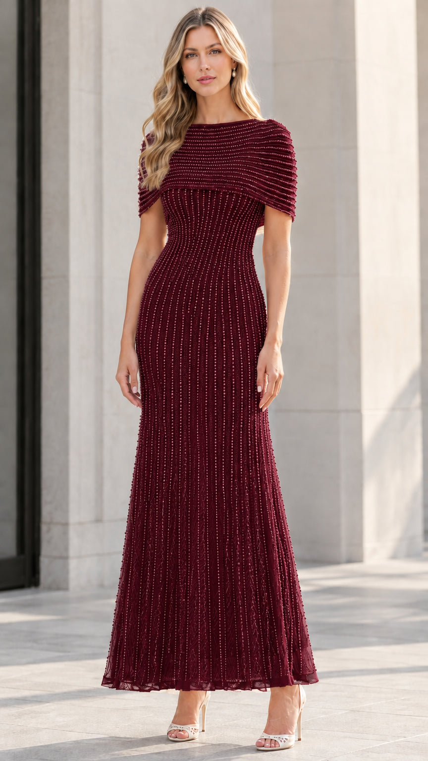 Burgundy beaded capelet floor-length evening dress