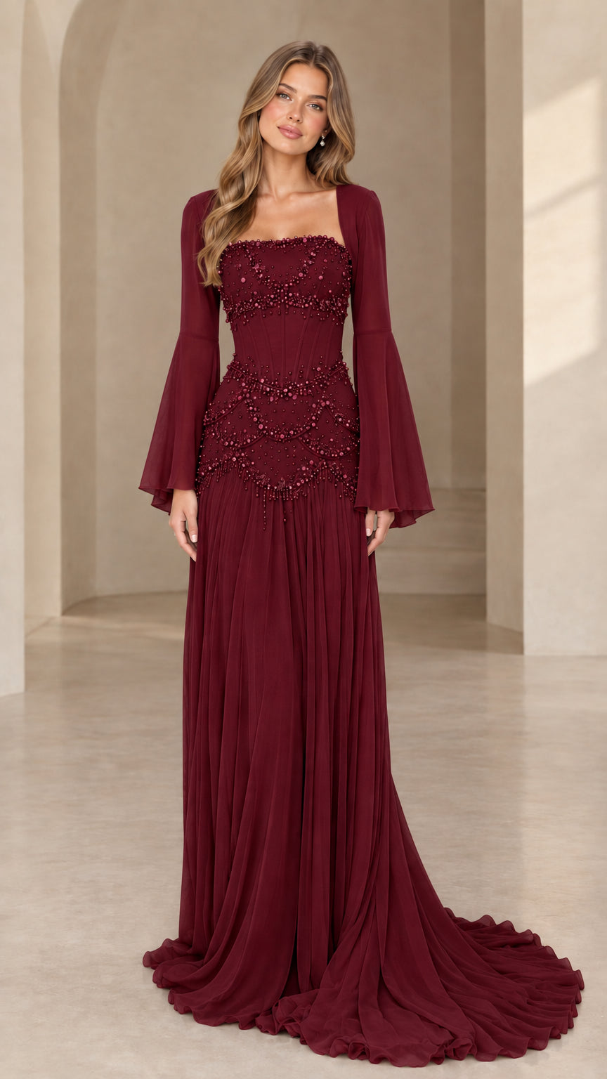 Burgundy red formal evening dress with beaded corset bodice and bell sleeves