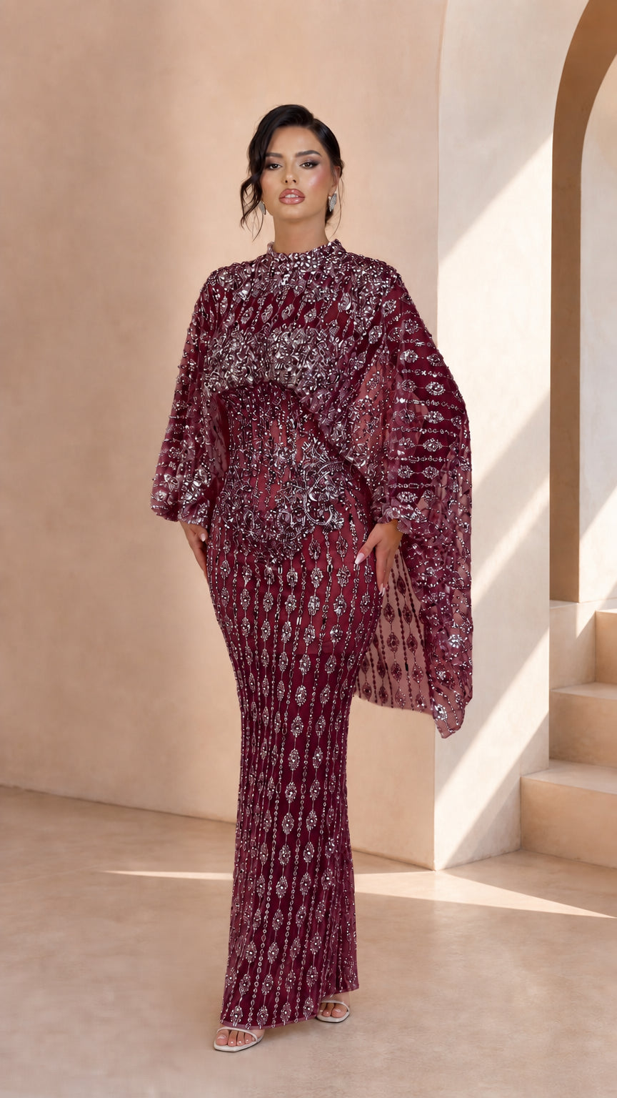 Burgundy Wine Embellished Cape Sleeve High Neck Formal Evening Maxi Gown