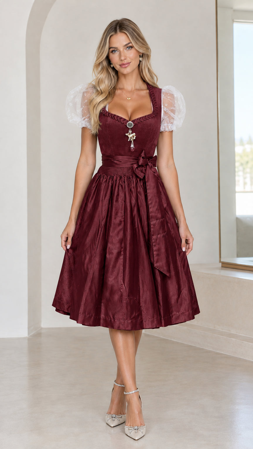 Front view of model wearing burgundy wine dirndl dress with sheer sleeves