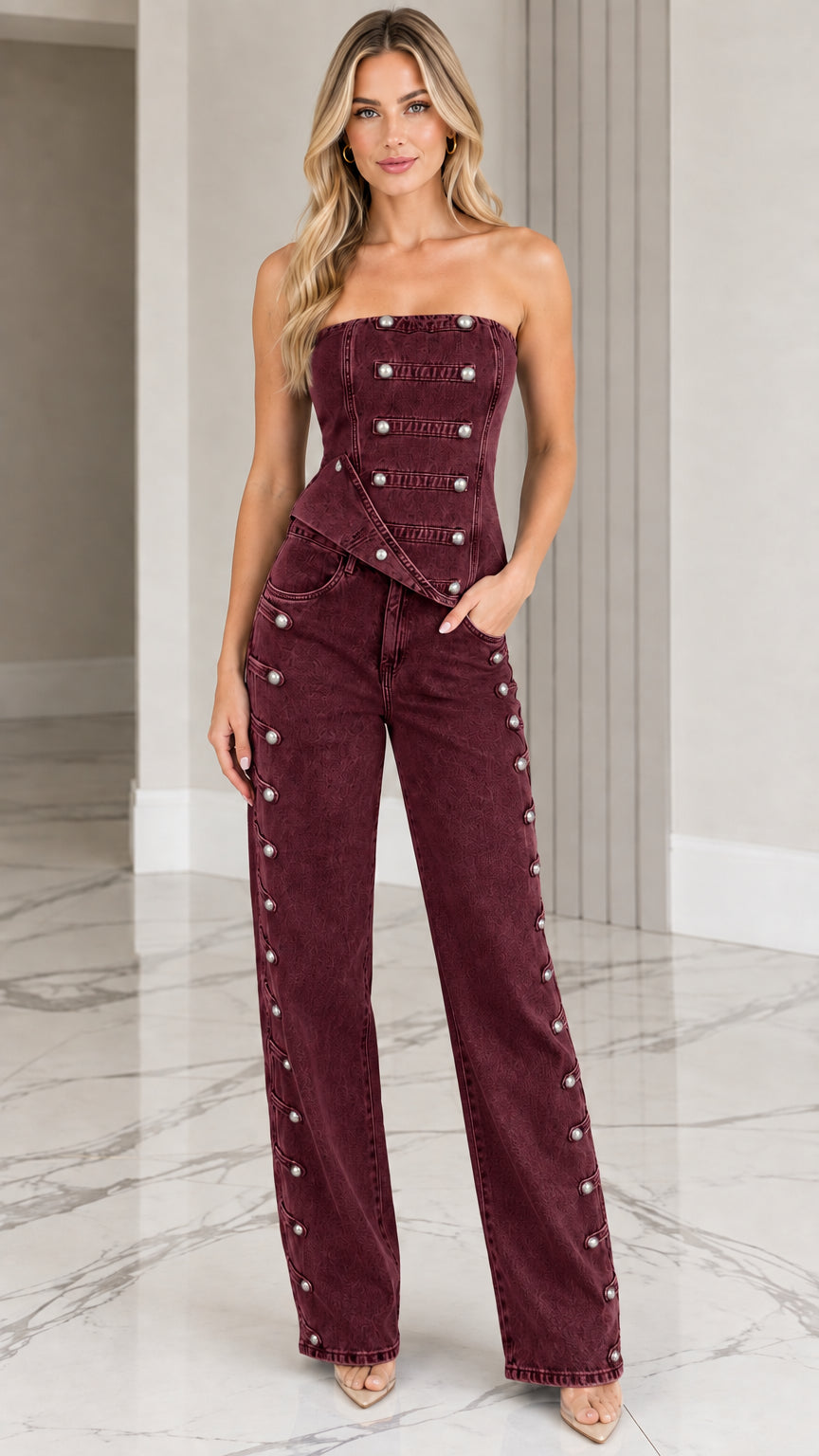 Burgundy wine red strapless denim corset top and studded wide-leg pants set