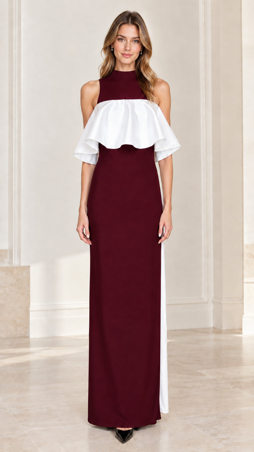 Front view of model wearing burgundy wine high neck column maxi dress with white ruffle overlay