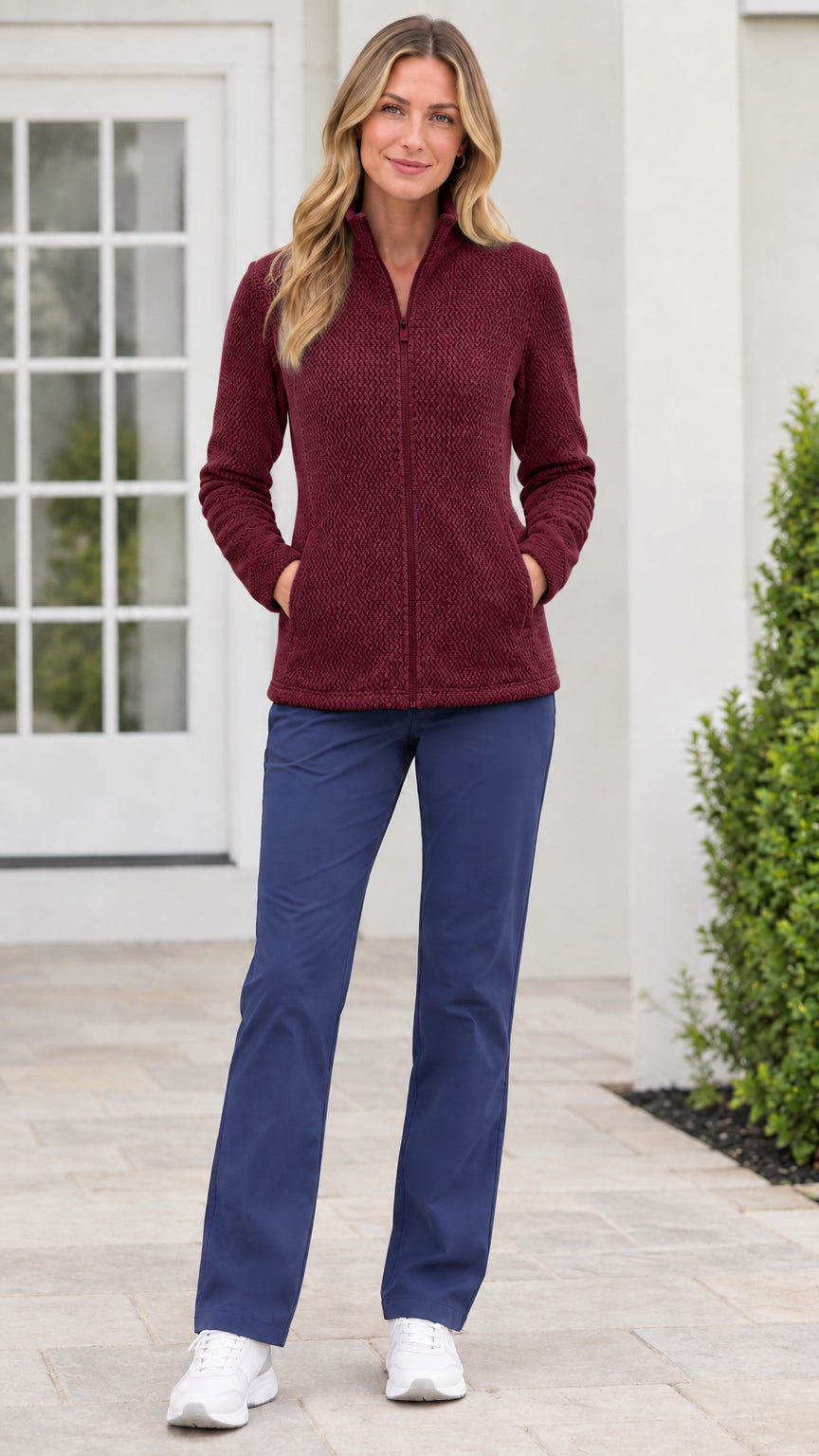 Front view of model wearing burgundy textured fleece full-zip jacket