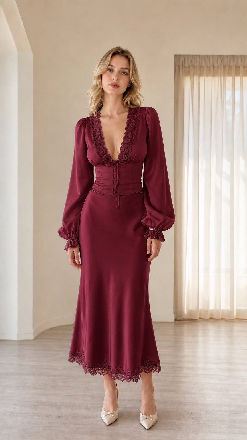 Full front view of woman wearing burgundy wine satin lace-trim two-piece midi set