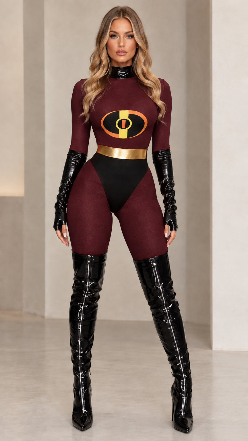 Front full-body view of superhero cosplay bodysuit in burgundy