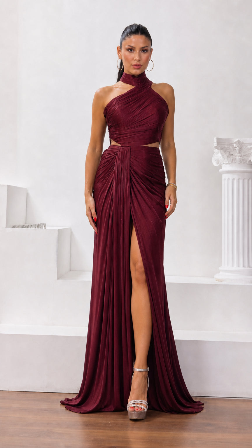 Burgundy wine red halter cutout evening dress with gathered drape