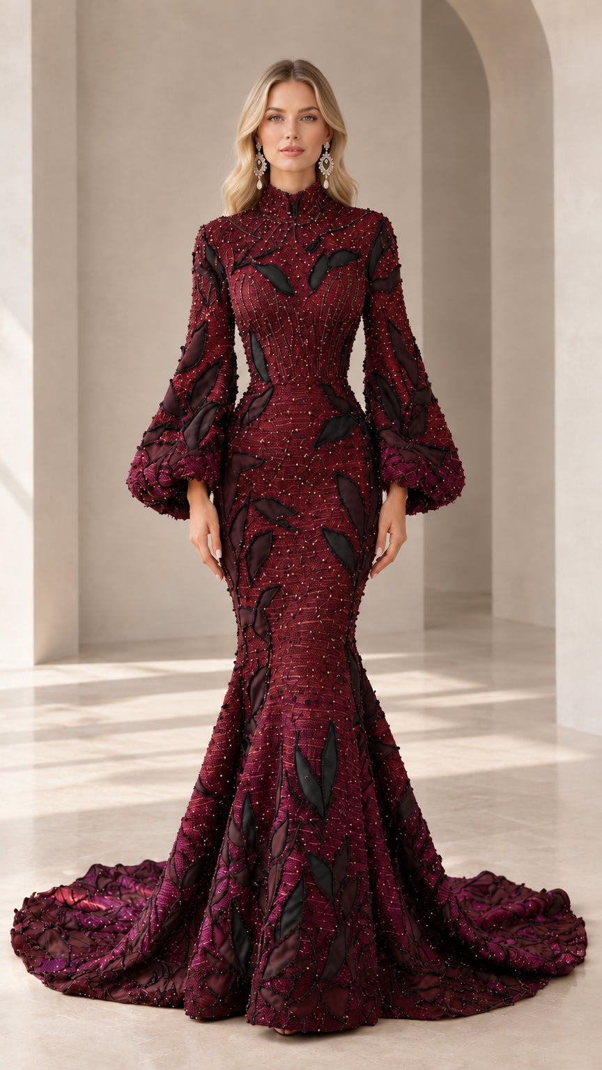 Burgundy wine red beaded high-neck lantern sleeve mermaid evening dress