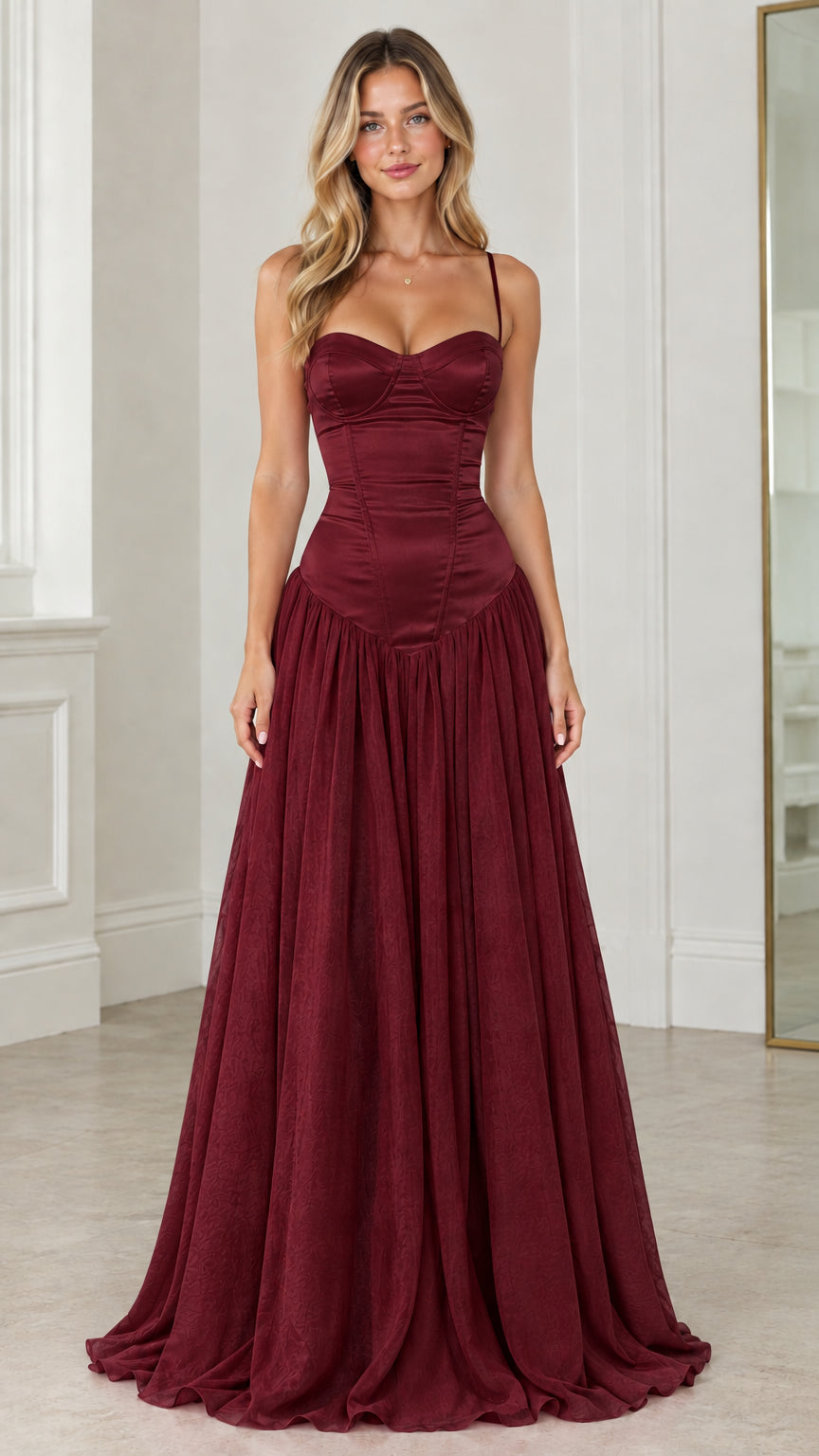 Front view of model wearing burgundy red basque waist bustier maxi dress