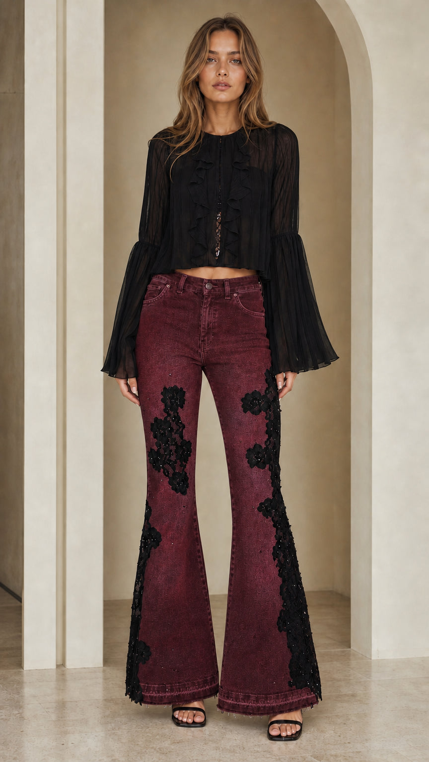Burgundy wine flare jeans with black floral lace trim and black blouse