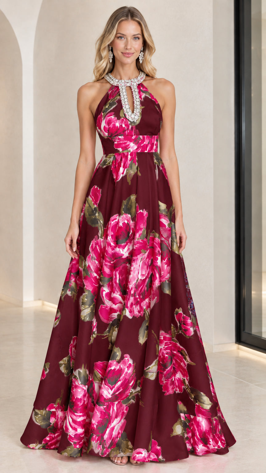 Full-length view of burgundy wine floral print halter evening gown