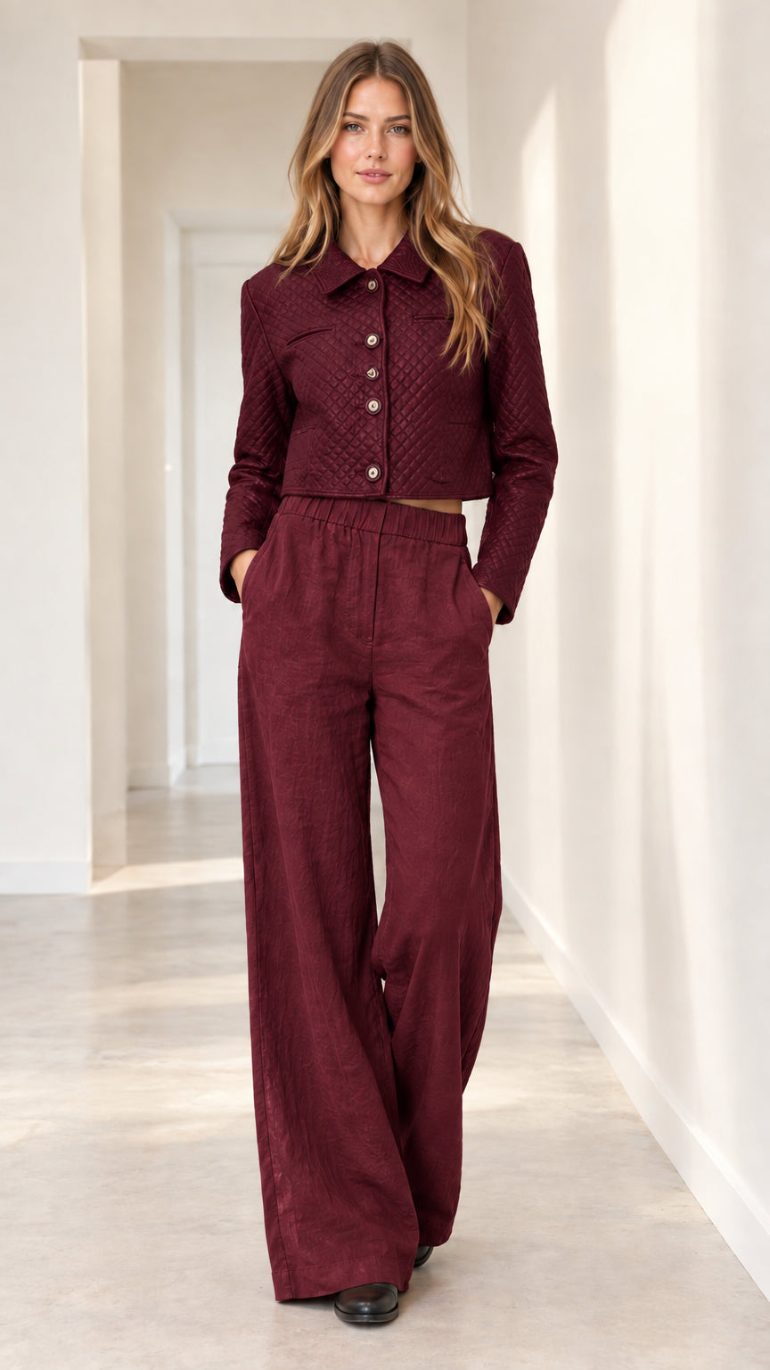 Model wearing monochrome burgundy cropped quilted jacket and wide-leg pants set