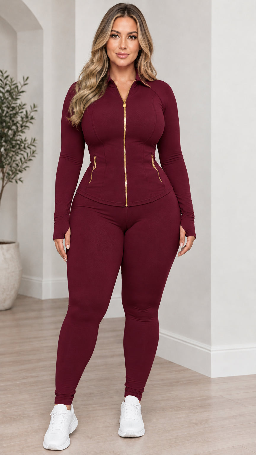 Front view of model wearing burgundy collared zip jacket and matching leggings set