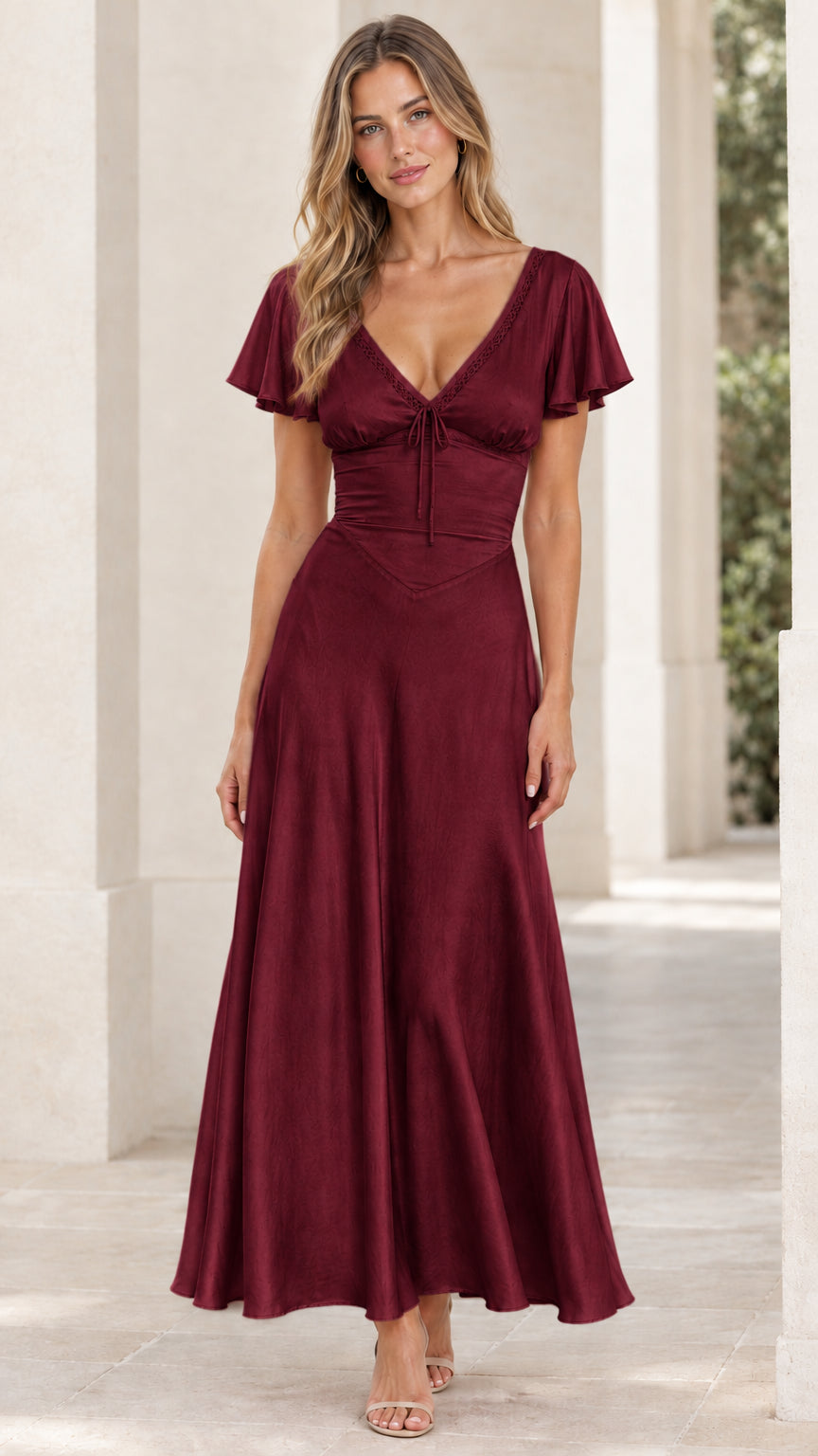 Front view of woman wearing burgundy wine flutter sleeve satin maxi dress