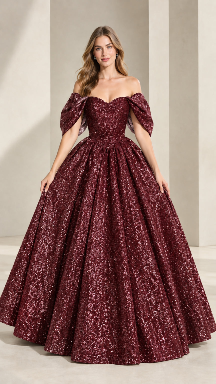 Model wearing burgundy wine red sequin sweetheart evening ball gown