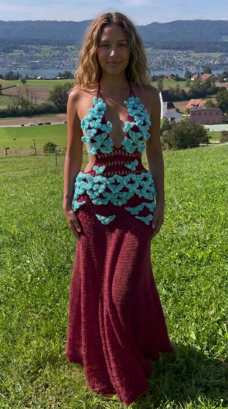 Rich burgundy crochet halter maxi dress with turquoise floral and butterfly embellishments