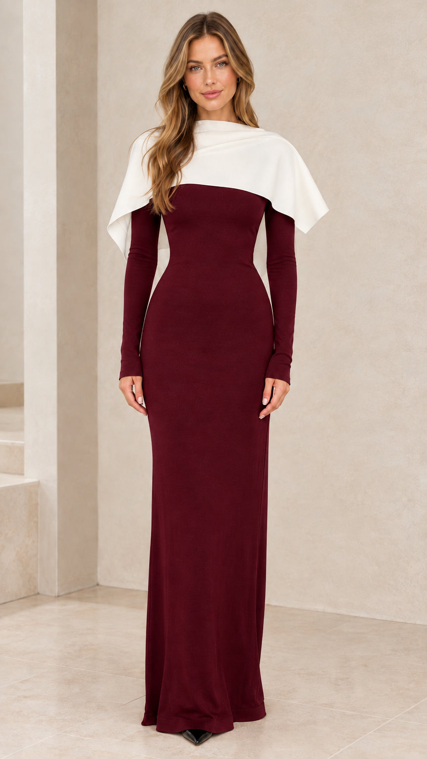 Burgundy wine red maxi dress with contrasting white capelet overlay