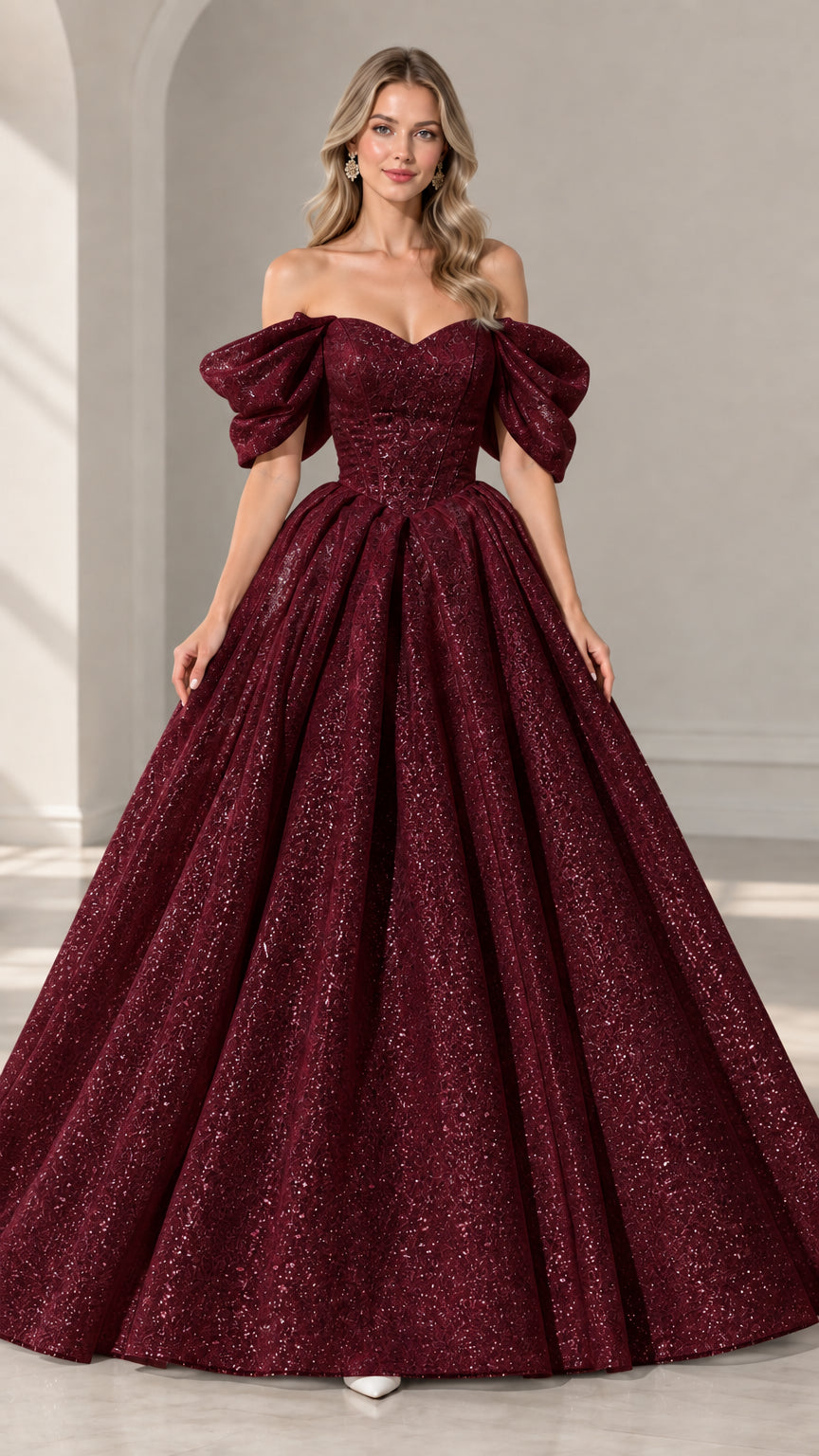 Full-length view of model in burgundy wine off-shoulder glitter evening gown