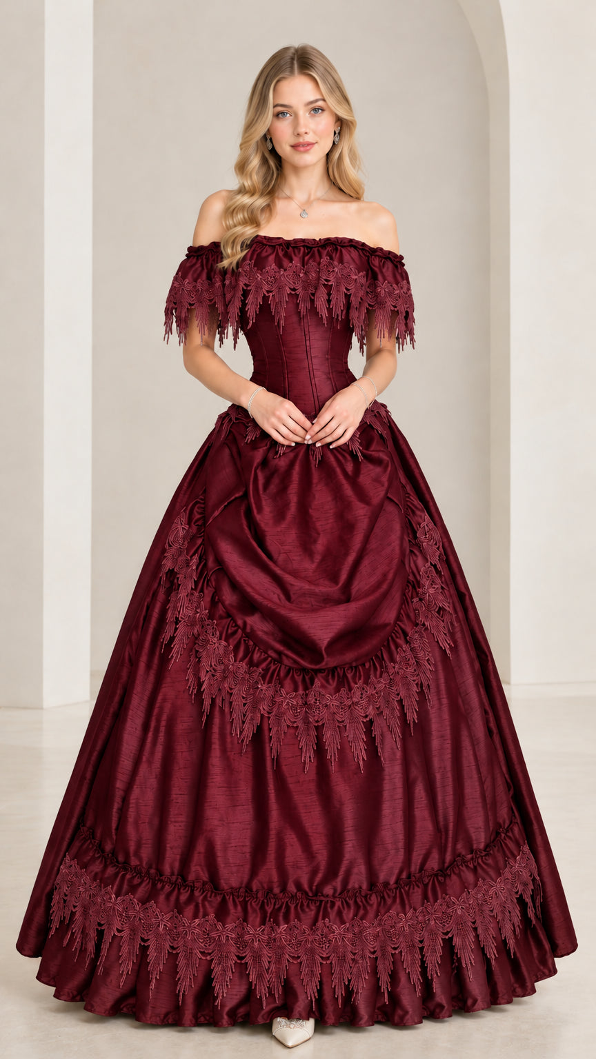 Burgundy wine red Victorian ball gown with rich lace embellishments