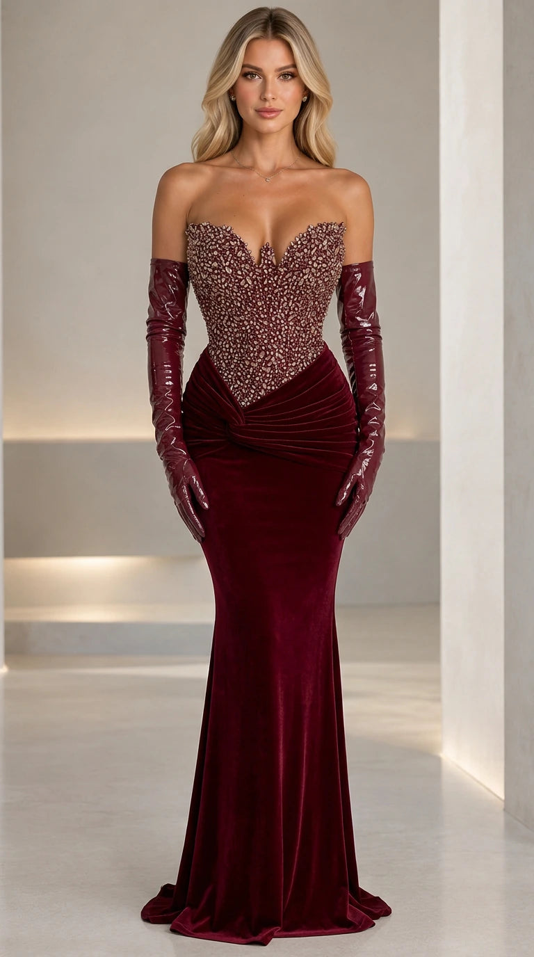 Burgundy wine red embellished corset evening gown with draped skirt and matching opera gloves