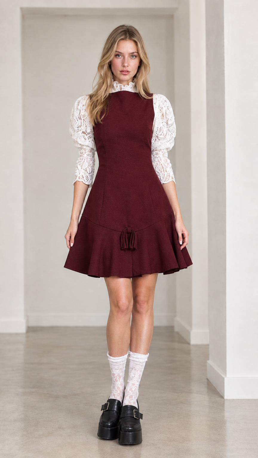 Front view of burgundy wine red contrast lace sleeve mini dress