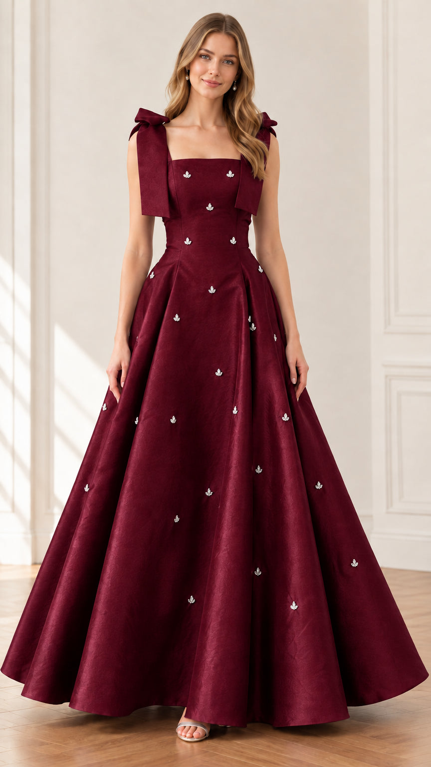 Front full view of woman wearing burgundy wine red crystal embellished A-line evening ball gown