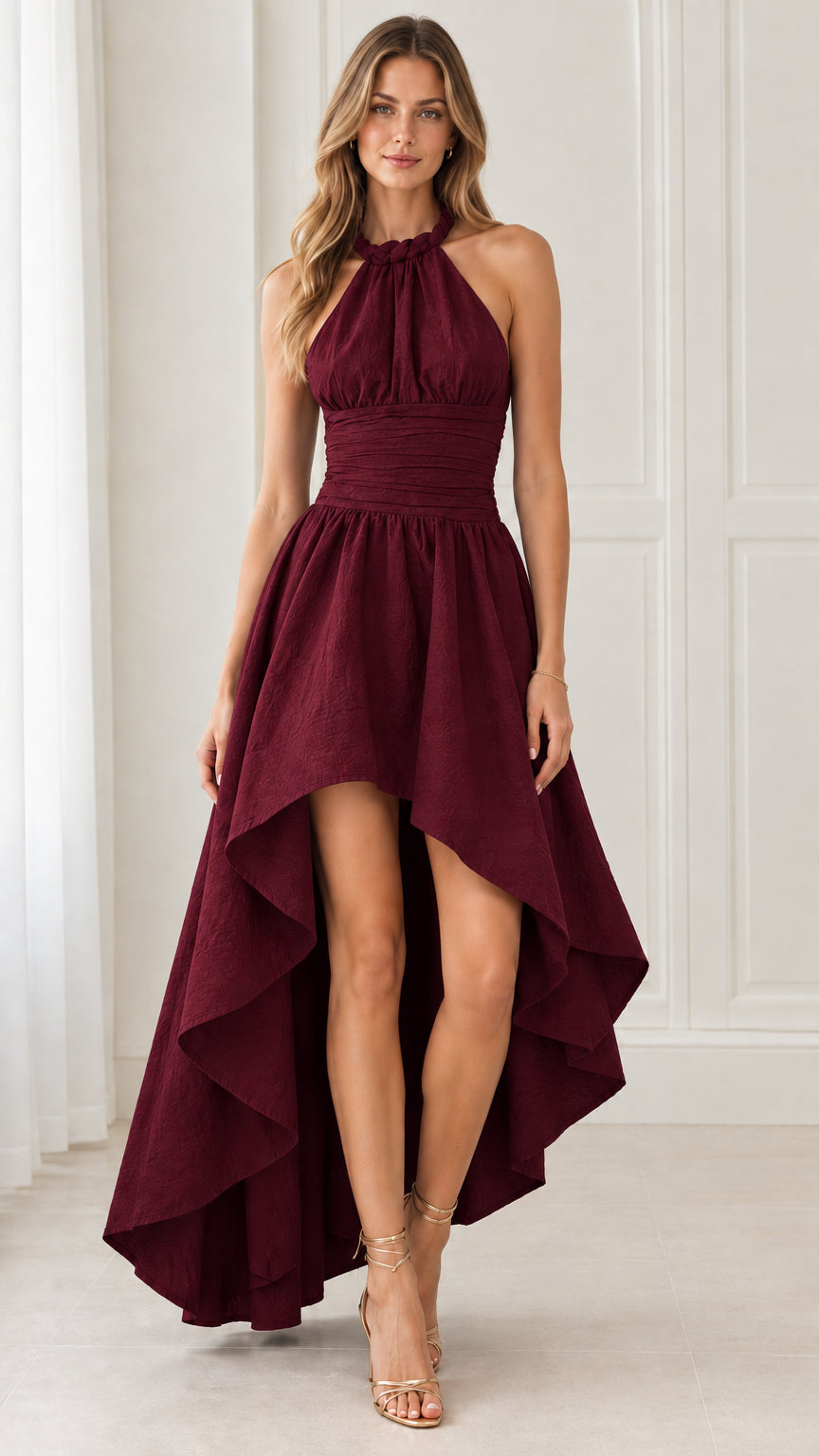 Front view of model wearing Burgundy halter neck high-low formal dress