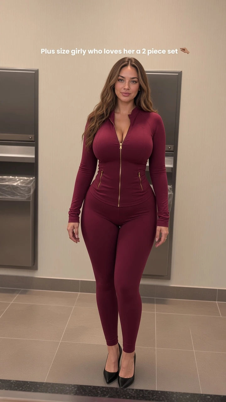 Full-length front view of woman wearing deep burgundy zip-up jacket and matching leggings set