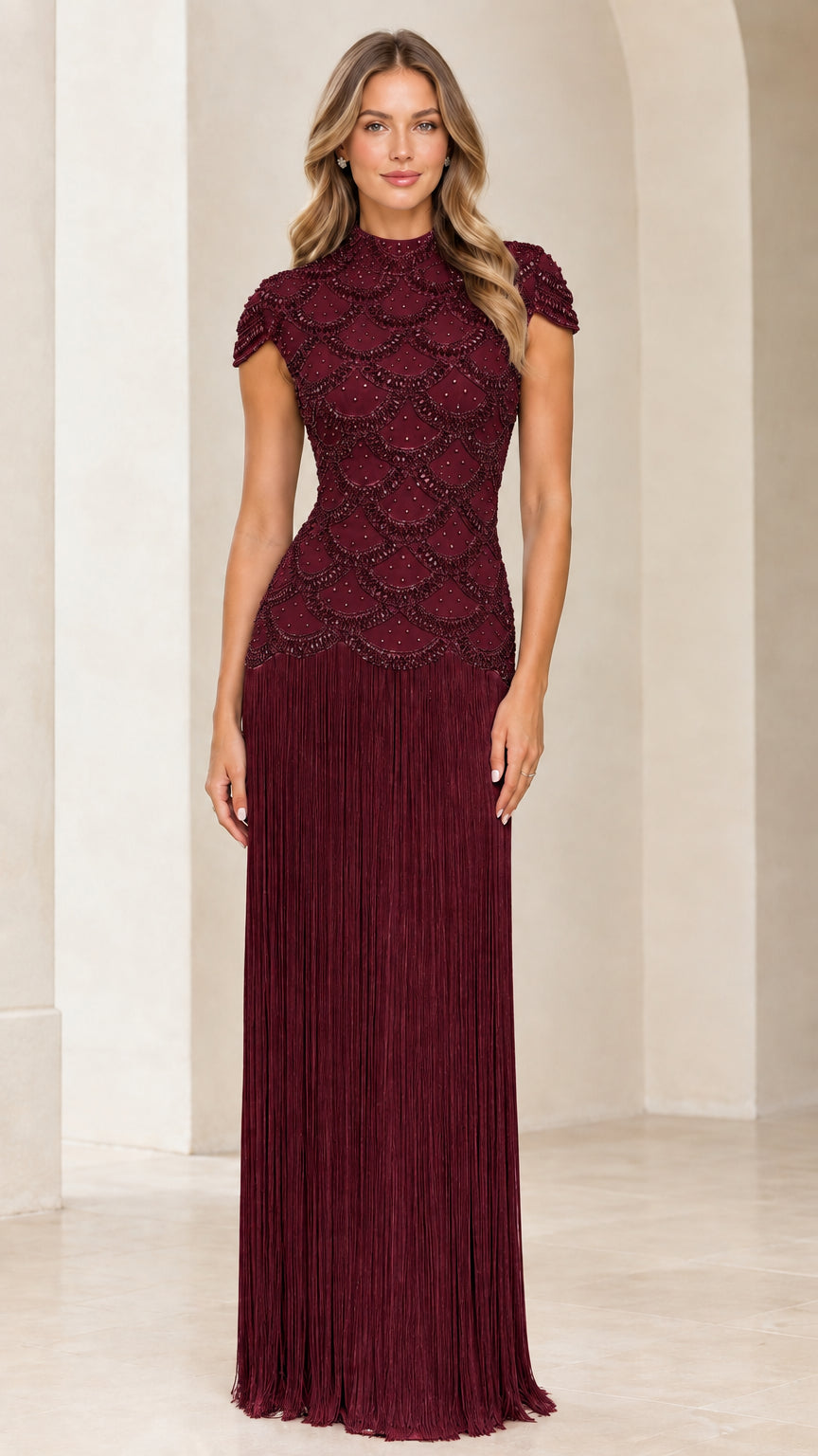 Full front view of burgundy wine beaded mock neck fringe formal gown