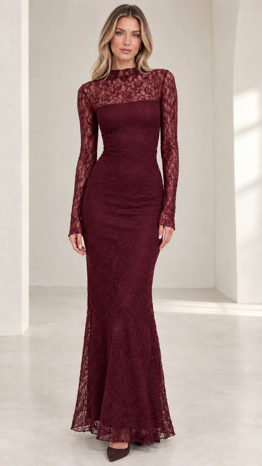 Front view of woman wearing burgundy high neck long sleeve lace maxi evening dress