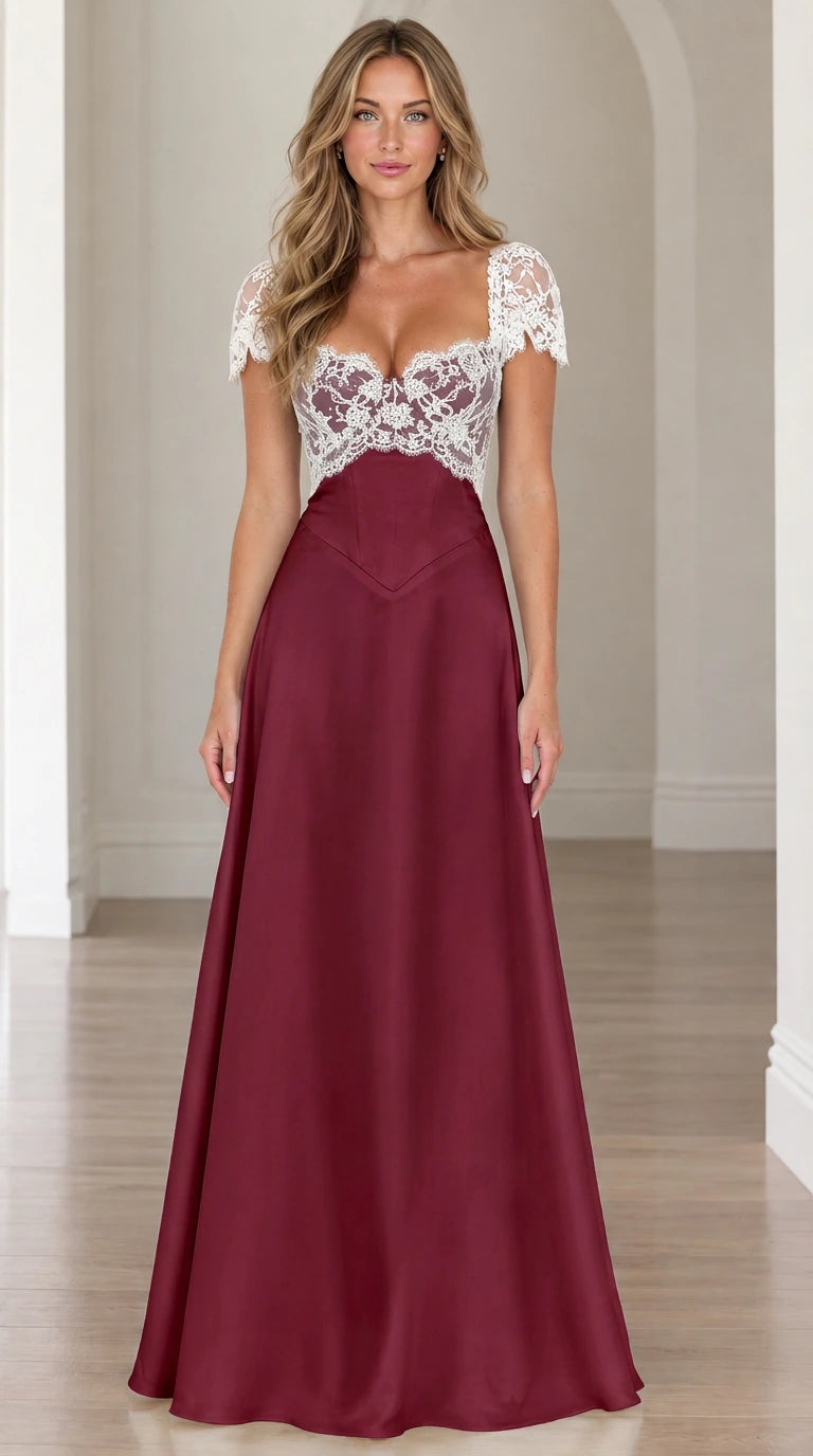 Front view of burgundy red satin maxi gown with white lace sweetheart bodice
