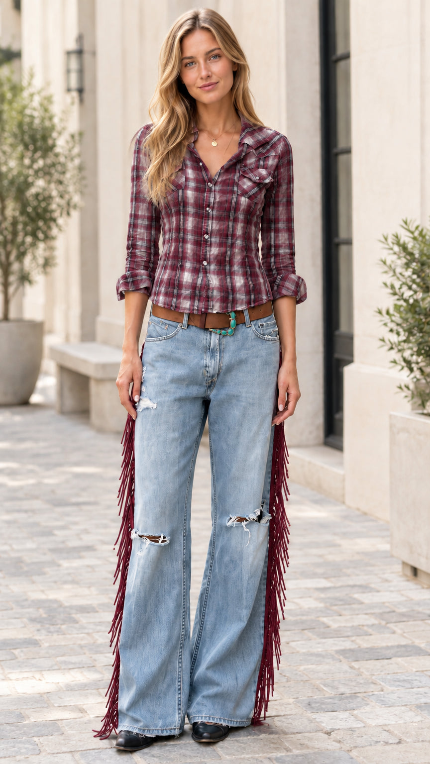 Front view of woman wearing burgundy plaid button-down western shirt