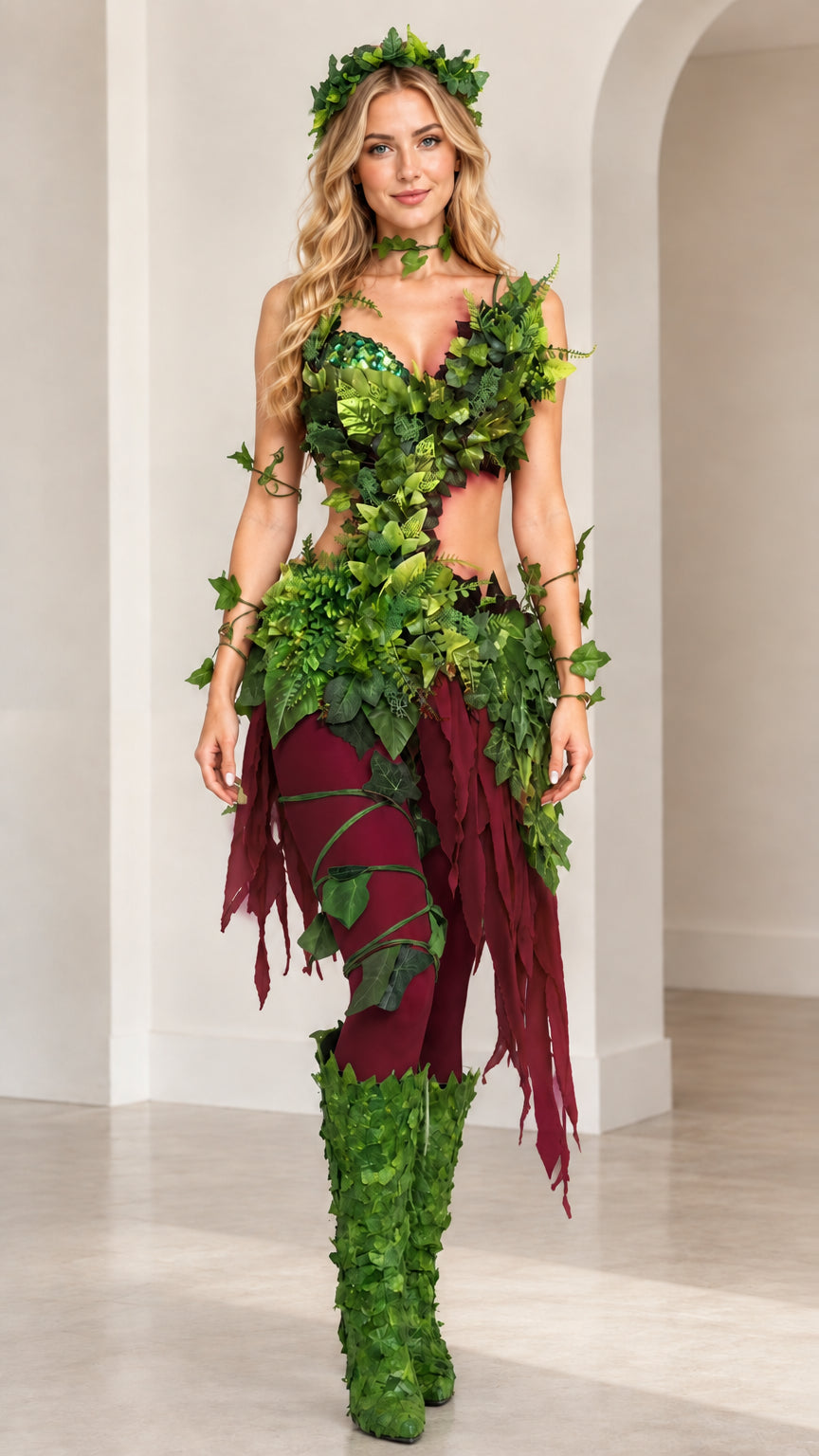 Model wearing the burgundy red base variant of the foliage nature goddess costume set