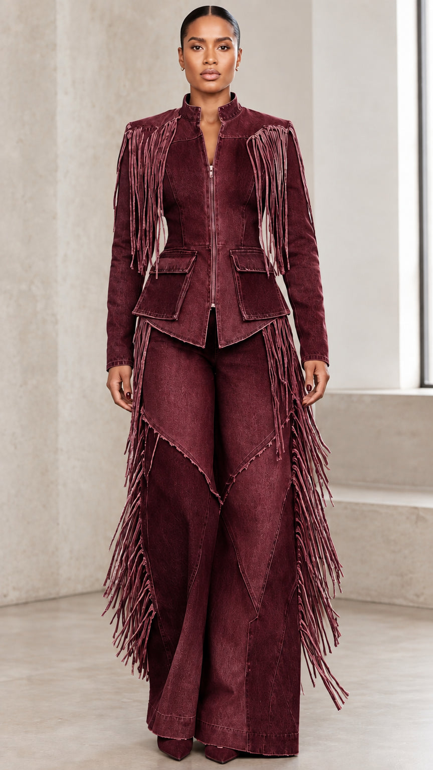Full front view of burgundy wine red denim fringe jacket and wide-leg trousers set