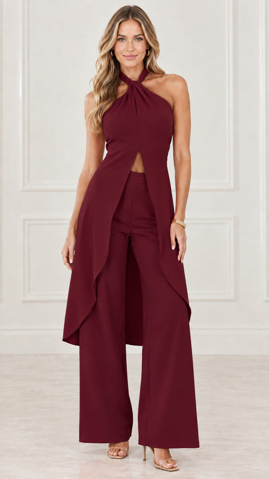 Model wearing burgundy wine red halter split tunic and trousers two piece set