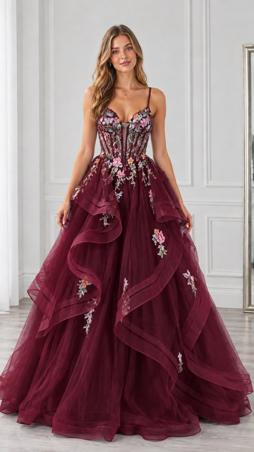 Burgundy wine formal ball gown with floral boned corset bodice and ruffled skirt