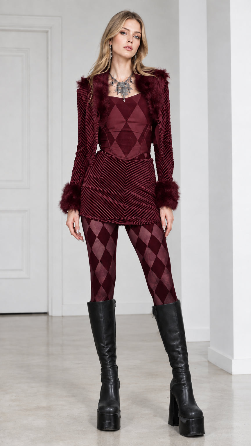 Model wearing deep burgundy faux fur cropped jacket and coordinated harlequin skirt set