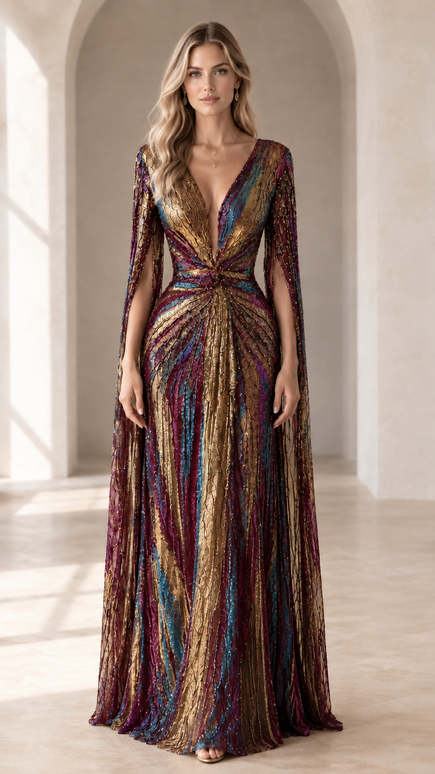 Wine Multi burgundy and gold metallic cape sleeve formal evening gown